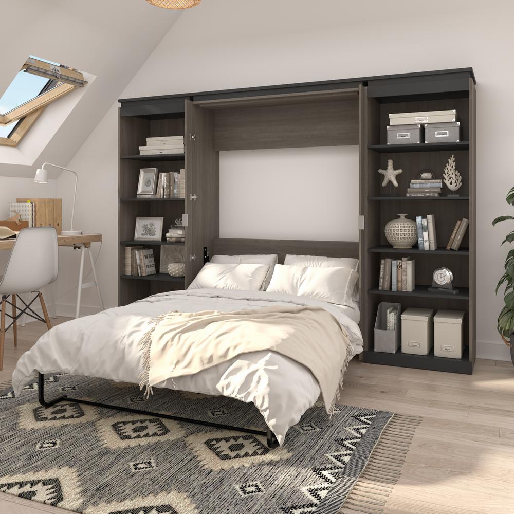 Full Murphy Bed with Shelves (120W) in White and Walnut Grey. Picture 6