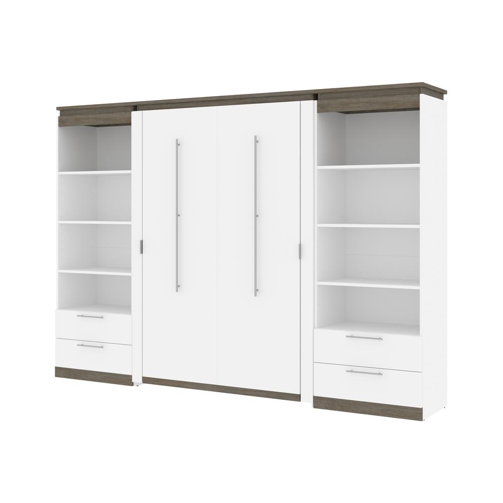 Full Murphy Bed with Shelves and Drawers (120W) in White and Walnut Grey. Picture 1