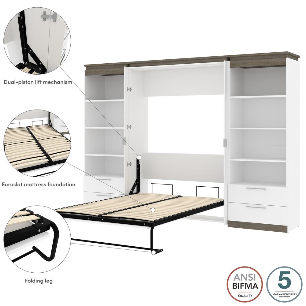Full Murphy Bed with Shelves and Drawers (120W) in White and Walnut Grey. Picture 9