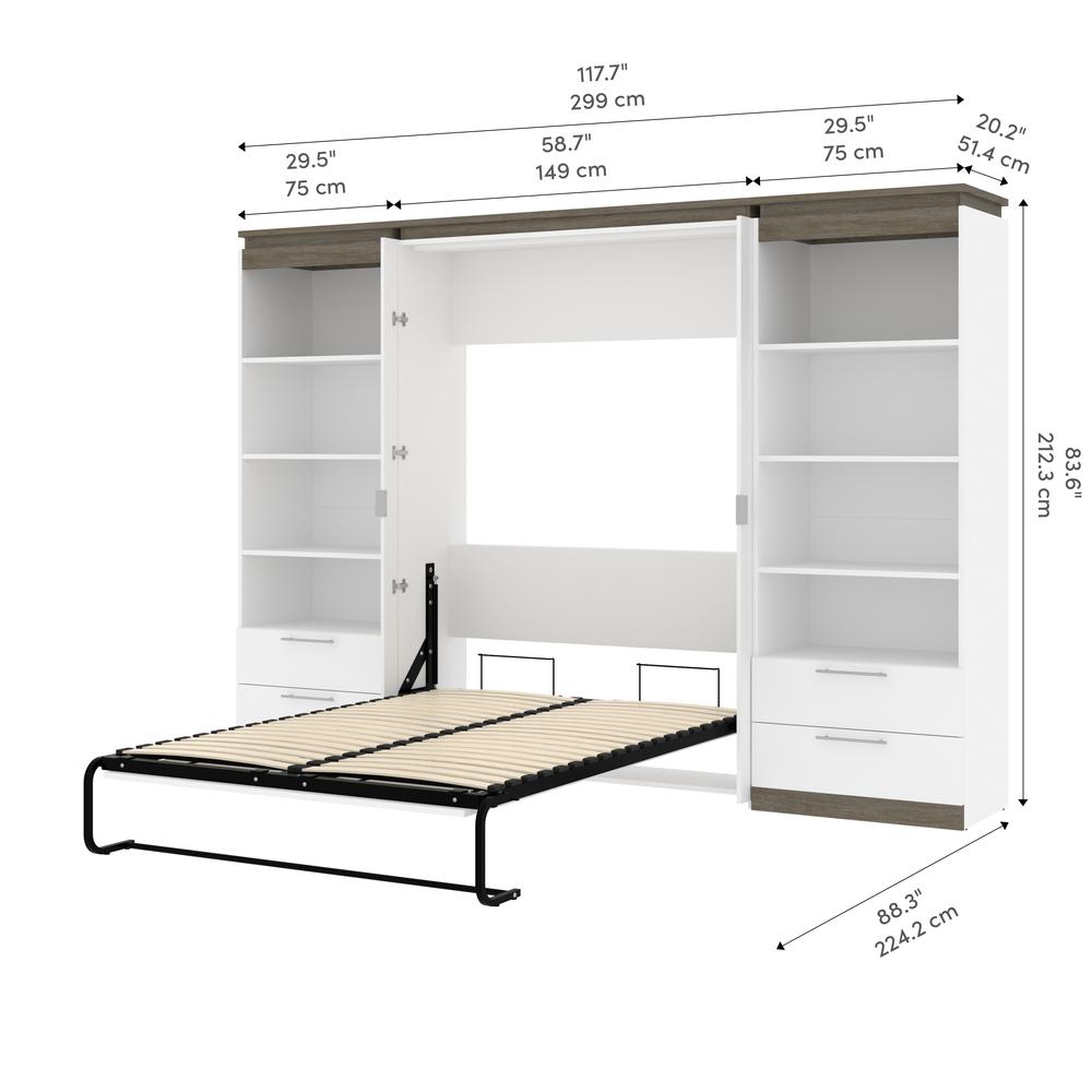 Full Murphy Bed with Shelves and Drawers (120W) in White and Walnut Grey. Picture 12