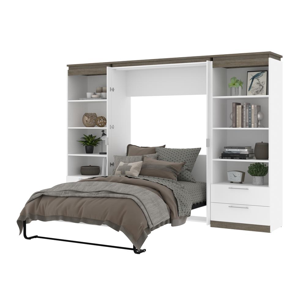 Full Murphy Bed with Shelves and Drawers (120W) in White and Walnut Grey. Picture 26