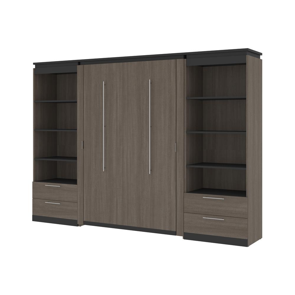 Full Murphy Bed with Shelves and Drawers (120W) in White and Walnut Grey. Picture 1