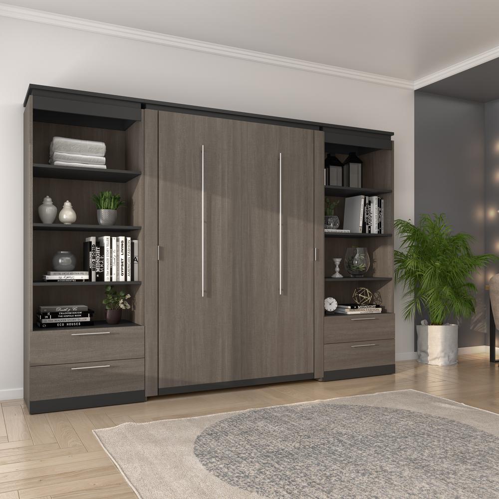 Full Murphy Bed with Shelves and Drawers (120W) in White and Walnut Grey. Picture 5