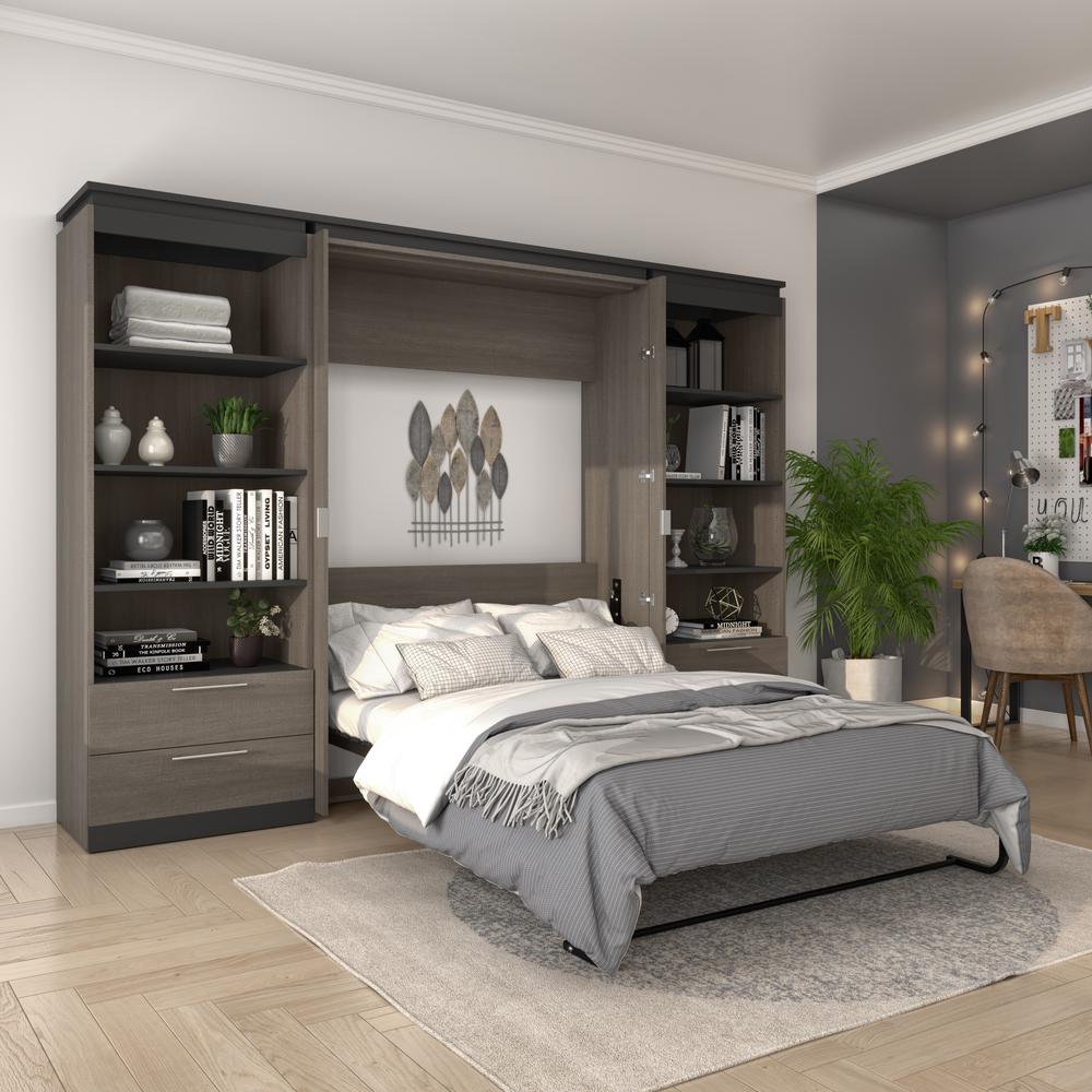 Full Murphy Bed with Shelves and Drawers (120W) in White and Walnut Grey. Picture 6