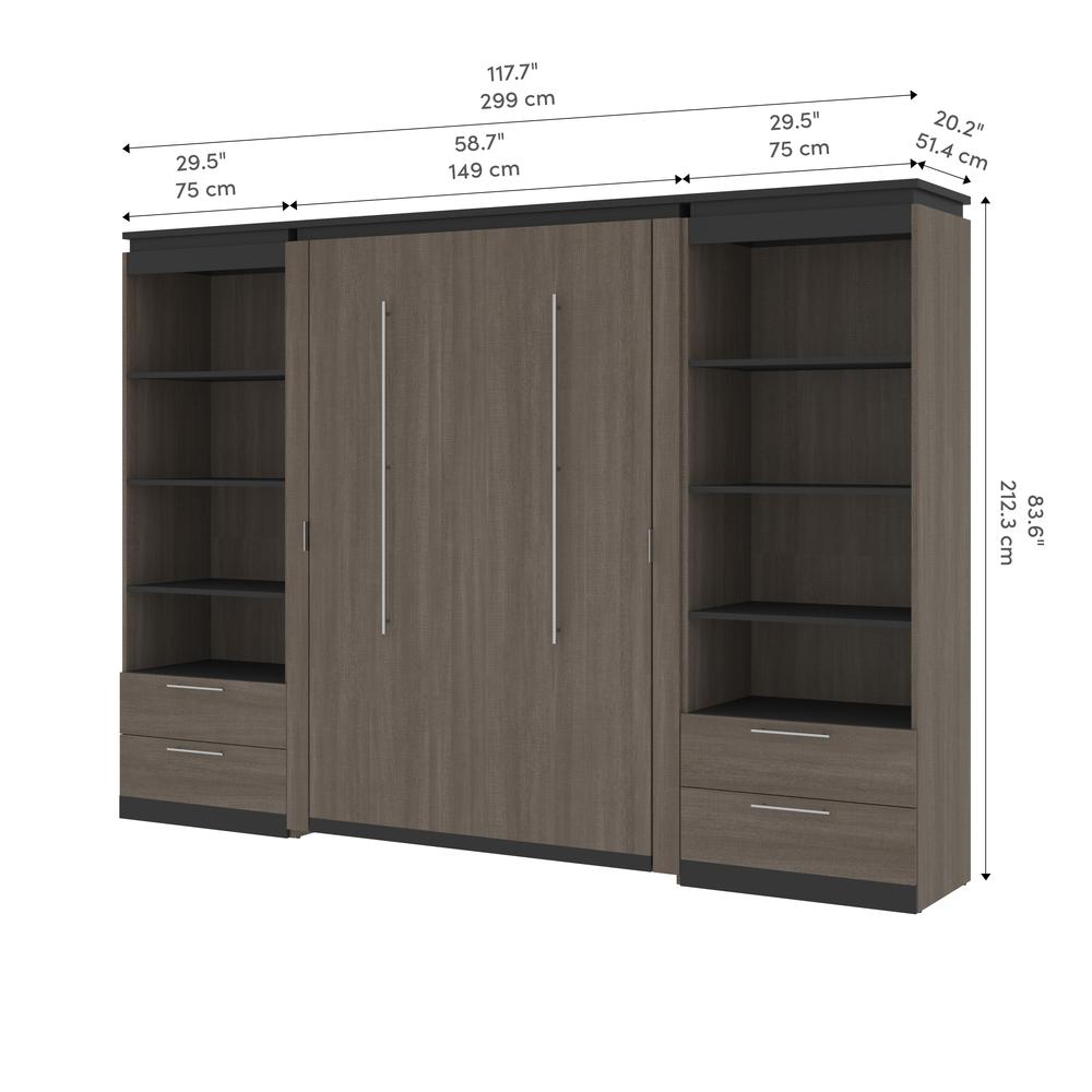 Full Murphy Bed with Shelves and Drawers (120W) in White and Walnut Grey. Picture 11