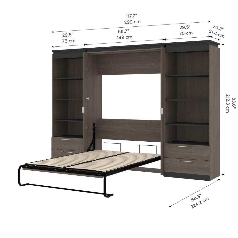 Full Murphy Bed with Shelves and Drawers (120W) in White and Walnut Grey. Picture 12
