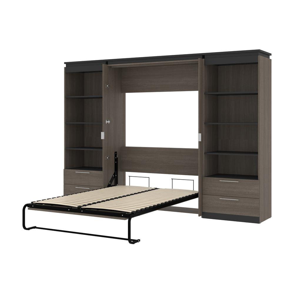 Full Murphy Bed with Shelves and Drawers (120W) in White and Walnut Grey. Picture 24