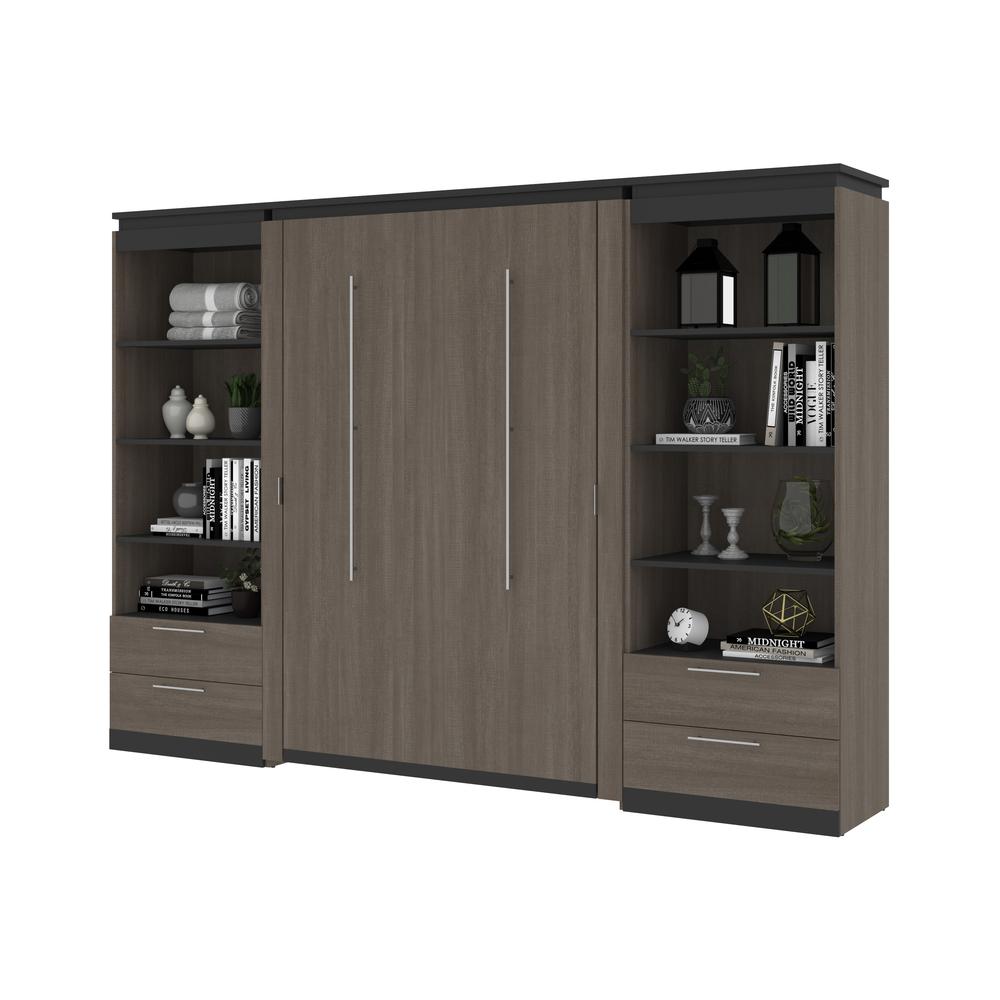 Full Murphy Bed with Shelves and Drawers (120W) in White and Walnut Grey. Picture 25