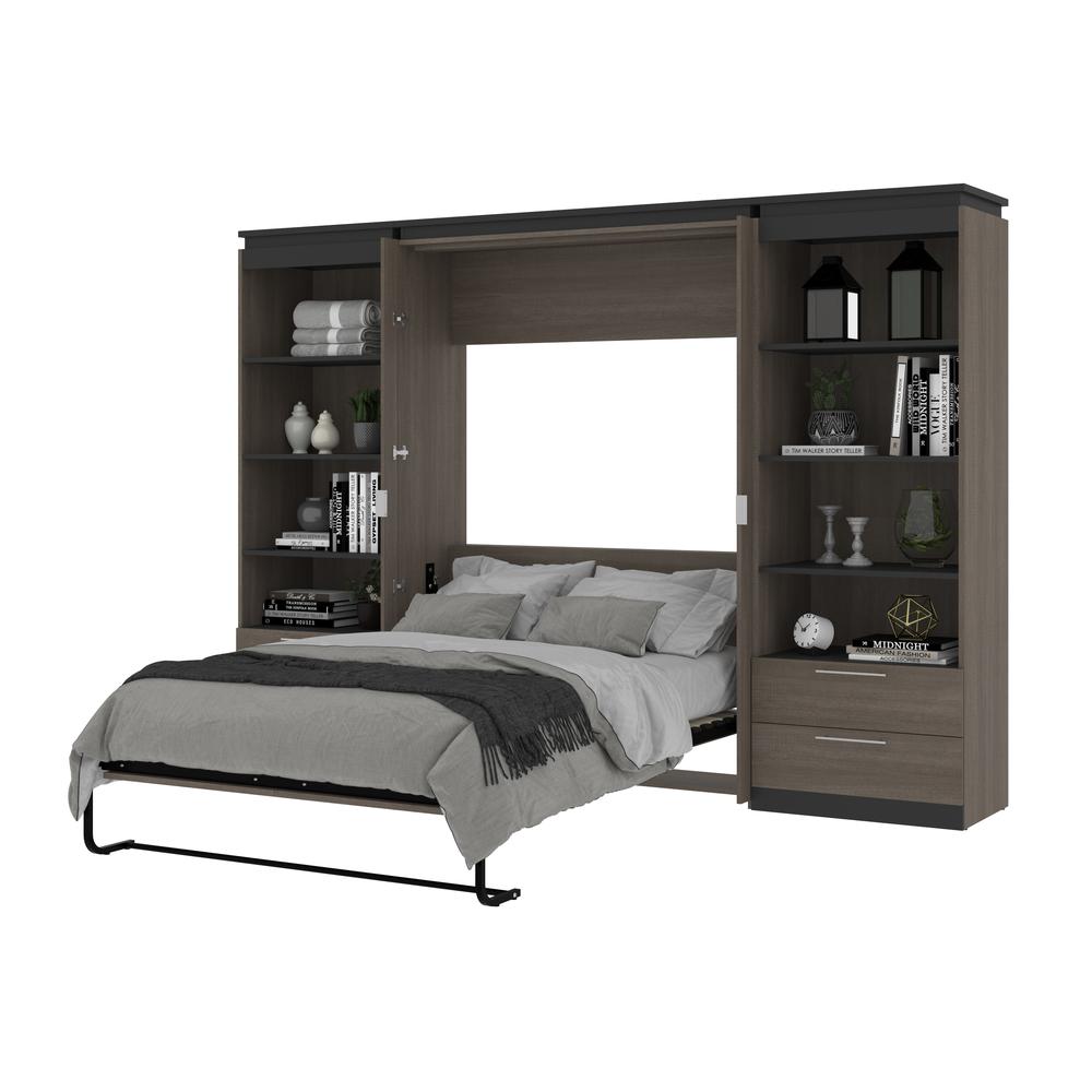 Full Murphy Bed with Shelves and Drawers (120W) in White and Walnut Grey. Picture 26