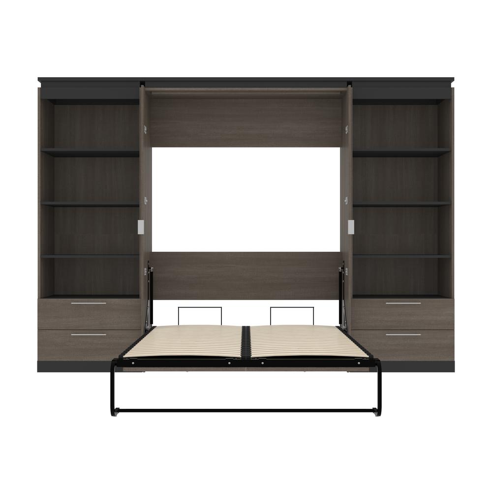 Full Murphy Bed with Shelves and Drawers (120W) in White and Walnut Grey. Picture 27