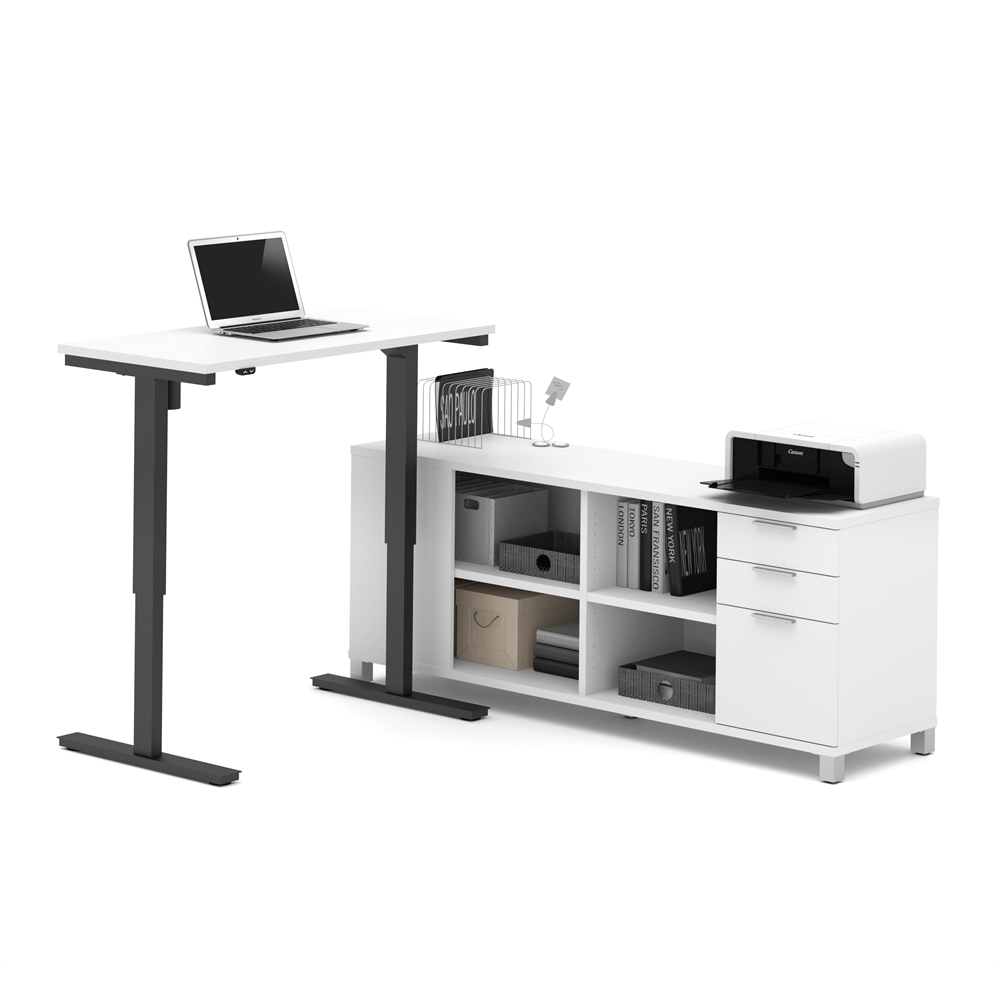 Pro-Linea L-Desk including Electric Height Adjustable Table in White. The main picture.