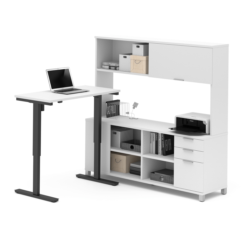 Pro-Linea L-Desk with Hutch including Electric Height Adjustable Table in White. Picture 1