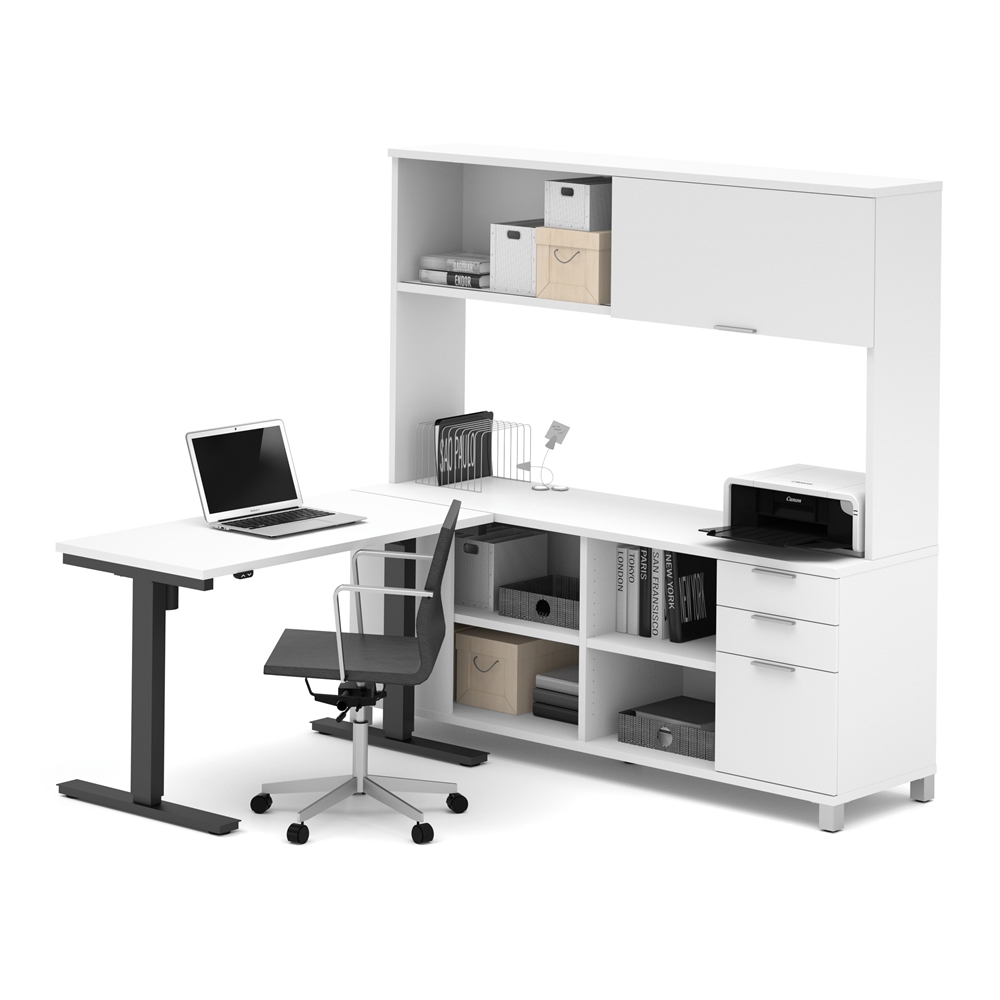 Pro-Linea L-Desk with Hutch including Electric Height Adjustable Table in White. Picture 3