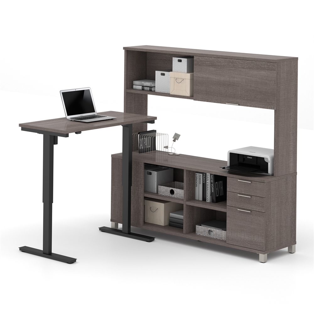 Pro-Linea L-Desk with Hutch including Electric Height Adjustable Table in Bark Gray. Picture 1