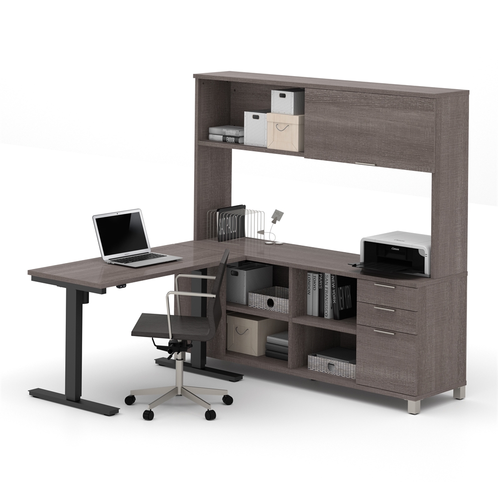 Pro-Linea L-Desk with Hutch including Electric Height Adjustable Table in Bark Gray. Picture 2