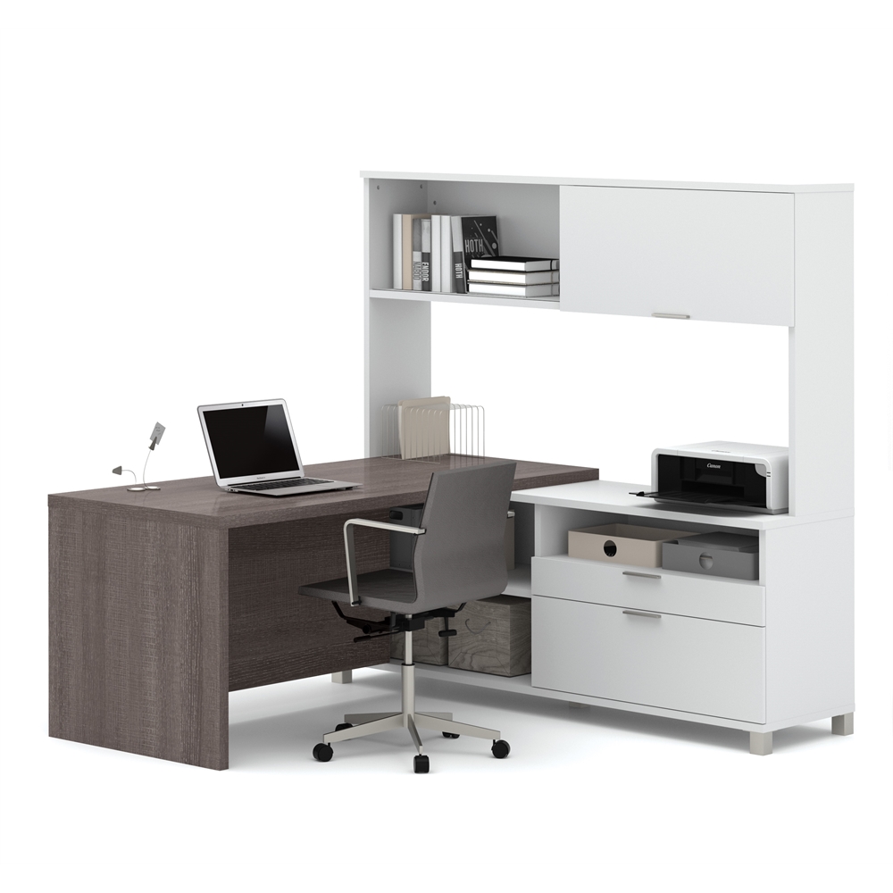 Pro-Linea L-Desk with hutch in White & Bark Gray. The main picture.