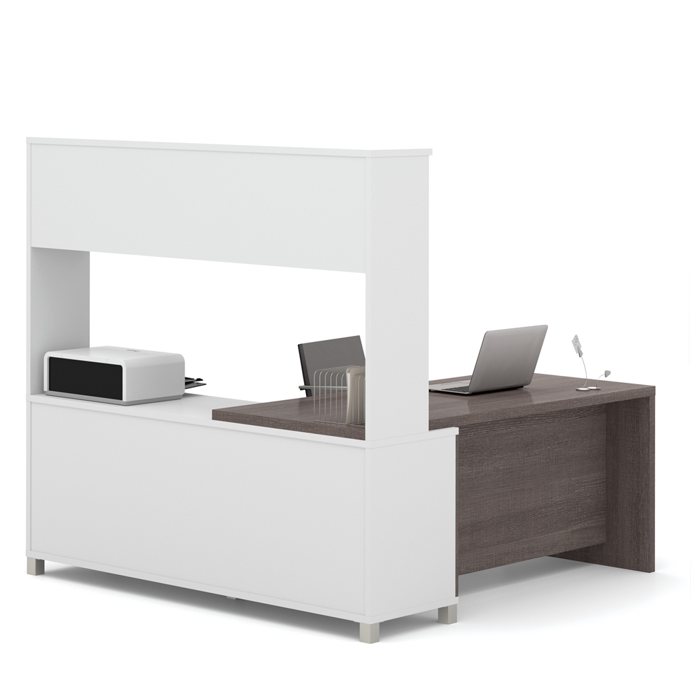 Pro-Linea L-Desk with hutch in White & Bark Gray. Picture 3