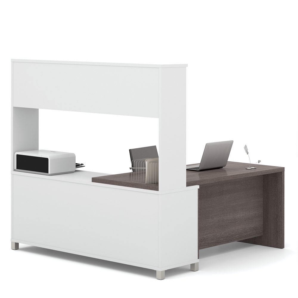 Pro-Linea L-Desk with hutch in White & Bark Gray. Picture 2