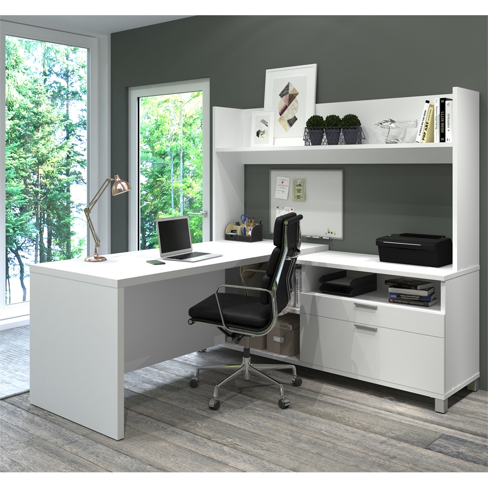 Pro-Linea L-Desk with Open hutch in White. Picture 2