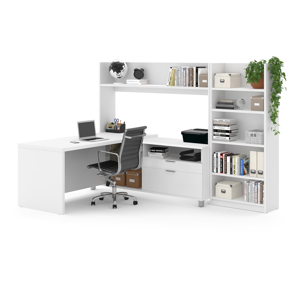 Pro-Linea L-Desk with Bookcase in White. Picture 1