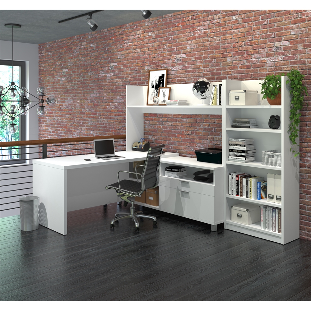 Pro-Linea L-Desk with Bookcase in White. Picture 2