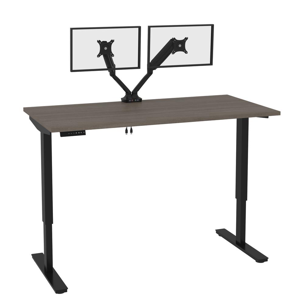Bestar Universel 60W x 30D Standing Desk with Dual Monitor Arm , Bark Grey. Picture 1