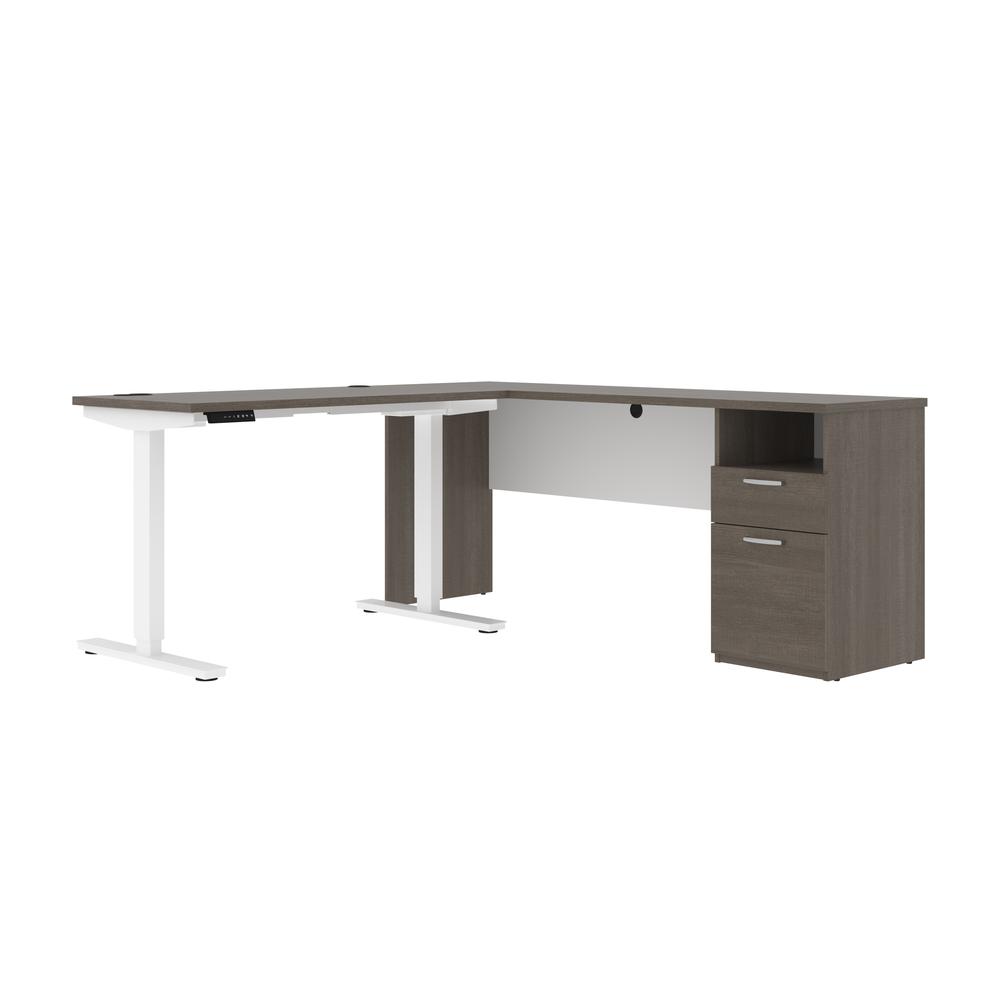 BESTAR Upstand 72W L-Shaped Electric Standing Desk in bark grey & white. Picture 1