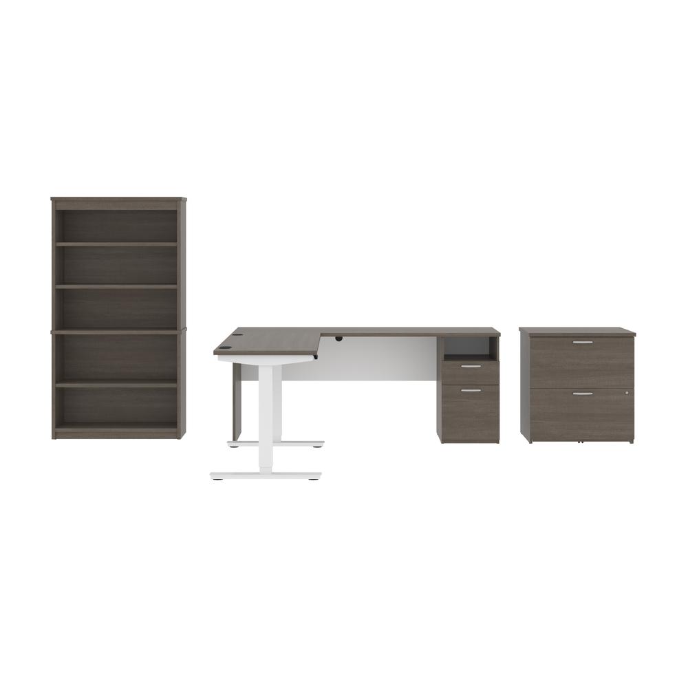 BESTAR Upstand 135W 72W L-Shaped Standing Desk with Bookcase and File Cabinet in bark grey & white. Picture 2