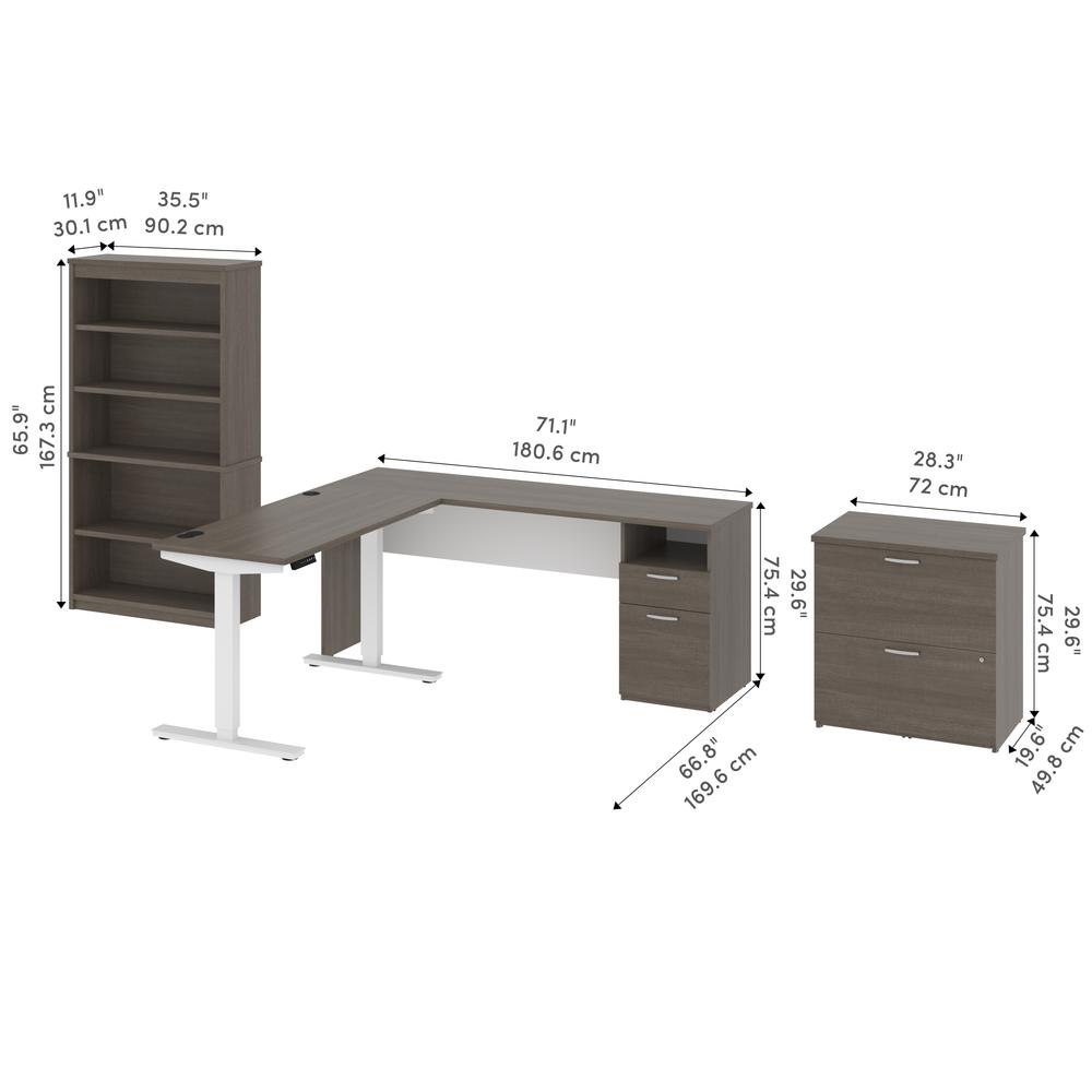 BESTAR Upstand 135W 72W L-Shaped Standing Desk with Bookcase and File Cabinet in bark grey & white. Picture 14