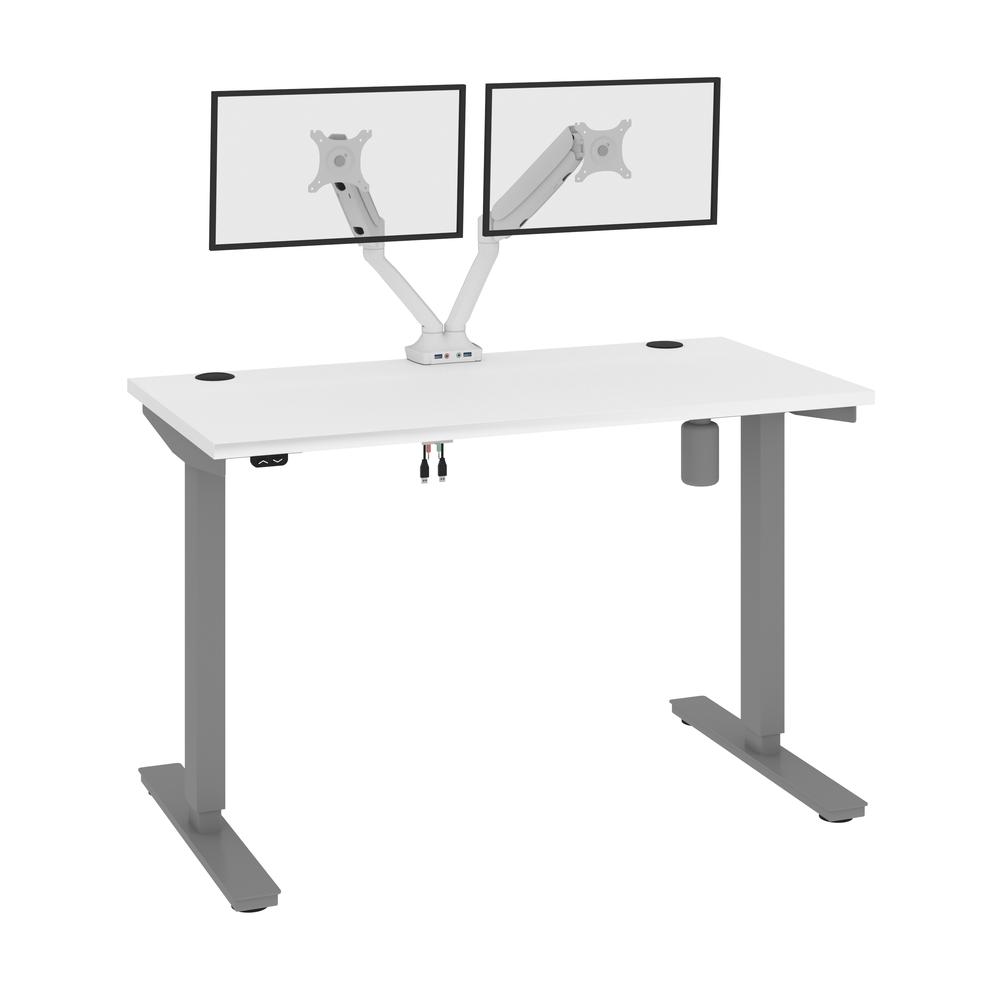 Bestar Upstand 48W x 24D Standing Desk with Dual Monitor Arm in white. Picture 1