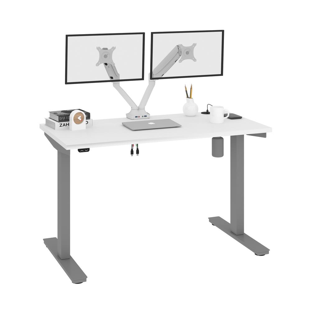 Bestar Upstand 48W x 24D Standing Desk with Dual Monitor Arm in white. Picture 2