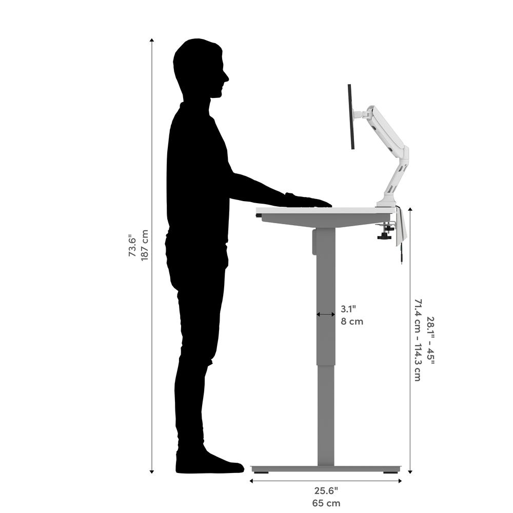 Bestar Upstand 48W x 24D Standing Desk with Dual Monitor Arm in white. Picture 3
