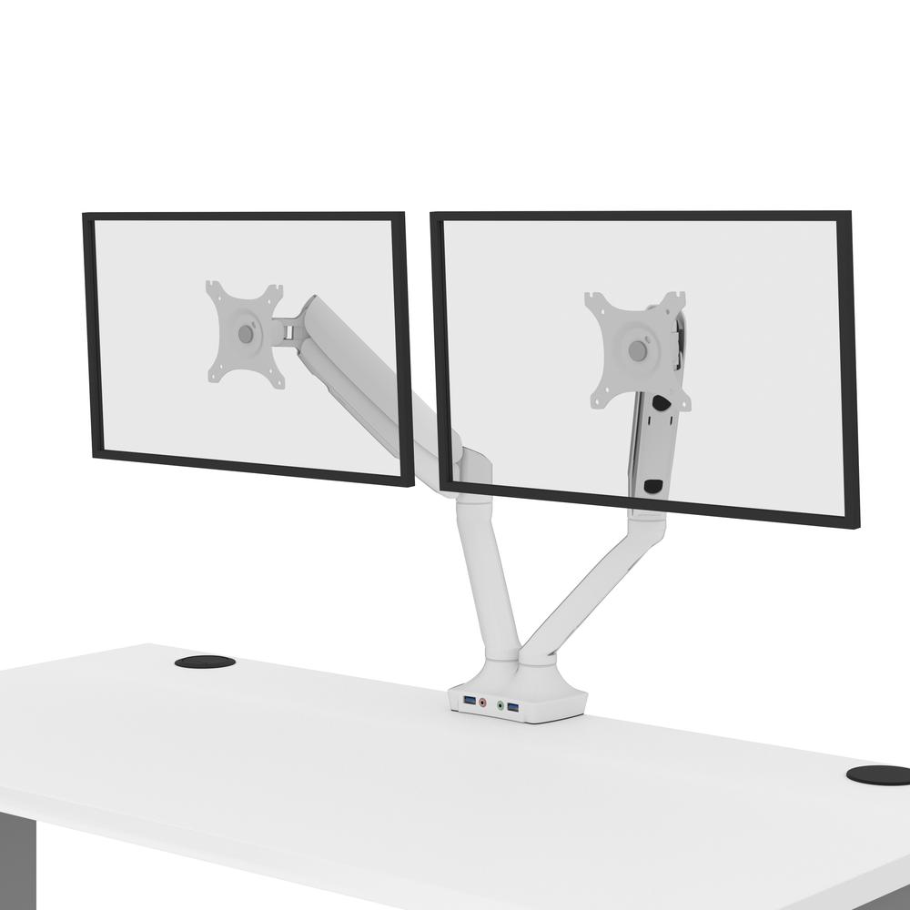 Bestar Upstand 48W x 24D Standing Desk with Dual Monitor Arm in white. Picture 13
