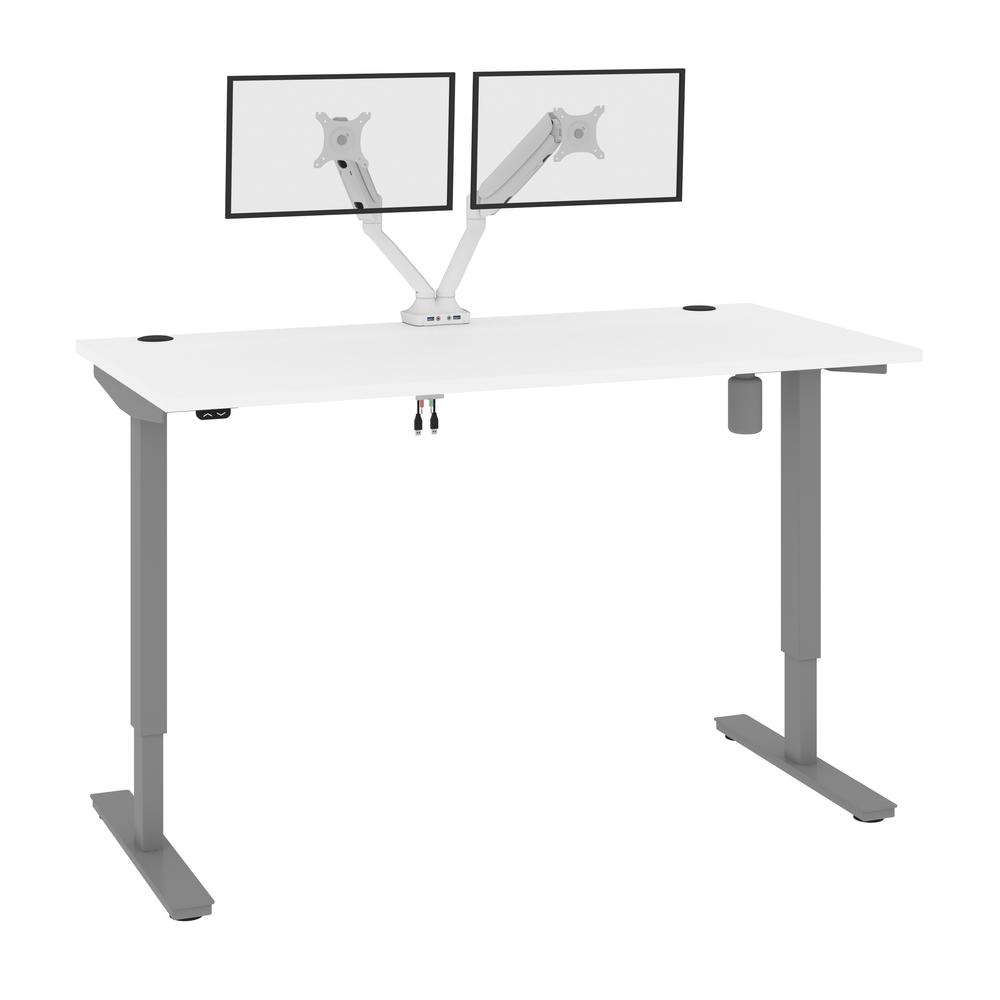Bestar Upstand 60W x 30D Standing Desk with Dual Monitor Arm in white. Picture 1