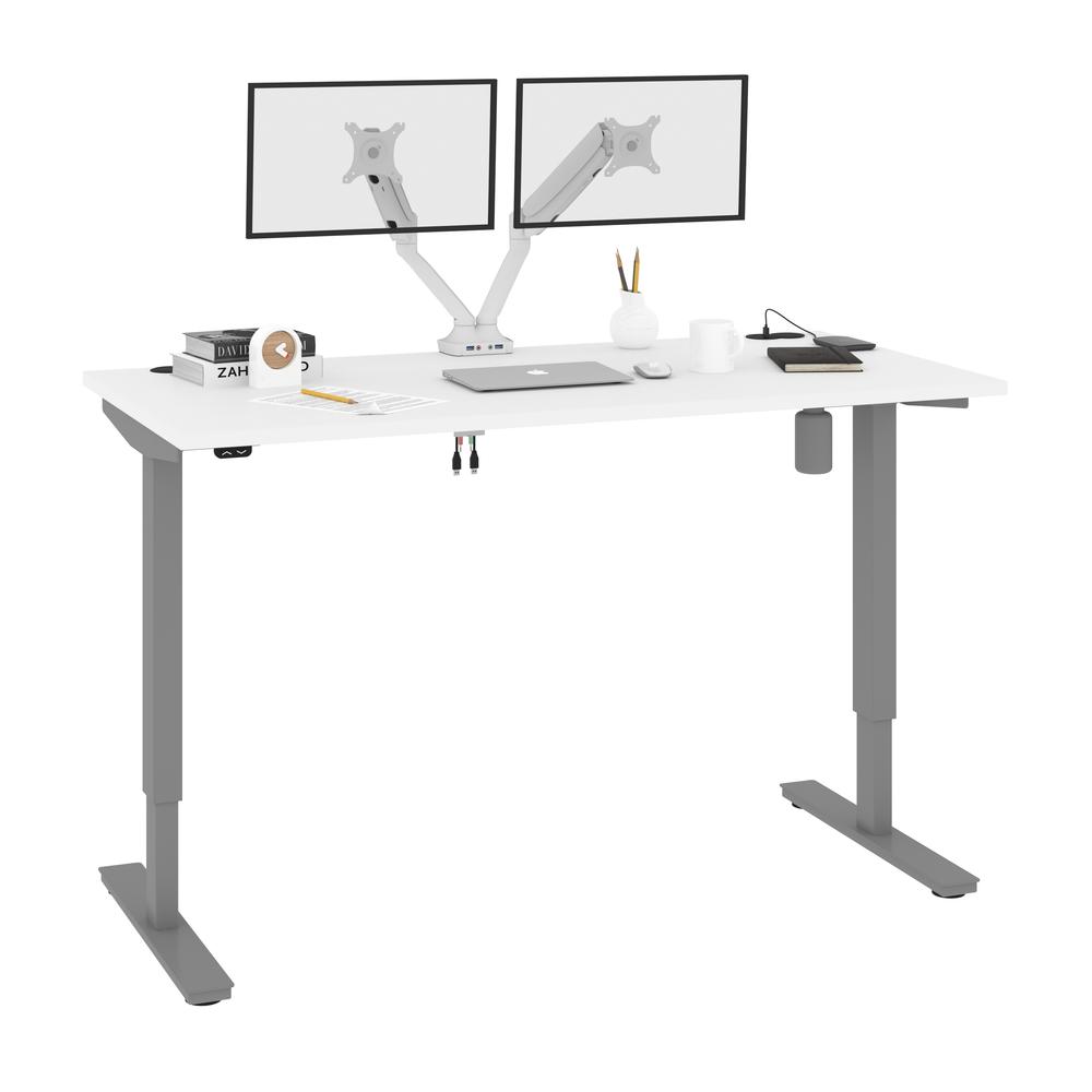 Bestar Upstand 60W x 30D Standing Desk with Dual Monitor Arm in white. Picture 2