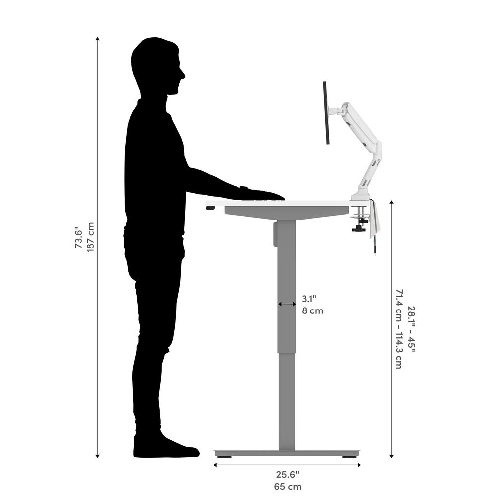 Bestar Upstand 60W x 30D Standing Desk with Dual Monitor Arm in white. Picture 7