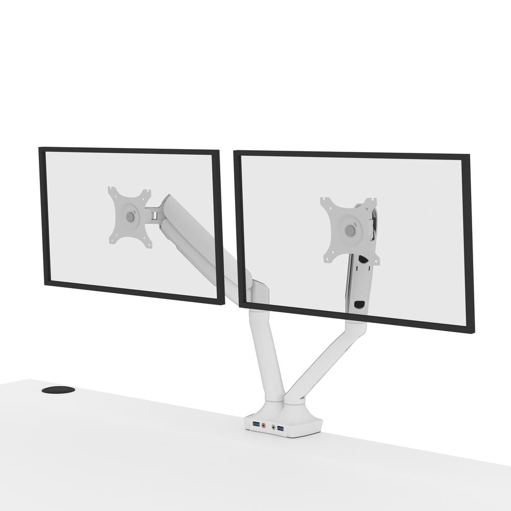 Bestar Upstand 60W x 30D Standing Desk with Dual Monitor Arm in white. Picture 9