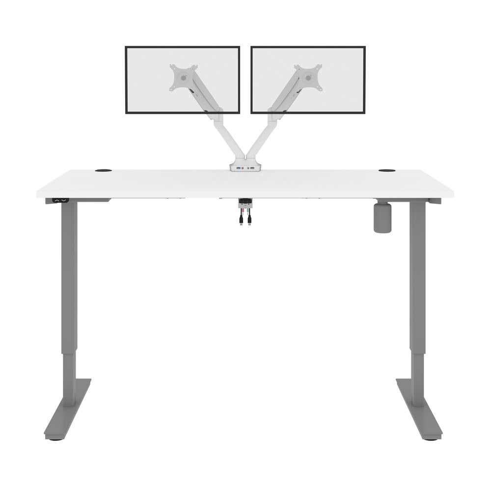 Bestar Upstand 60W x 30D Standing Desk with Dual Monitor Arm in white. Picture 3