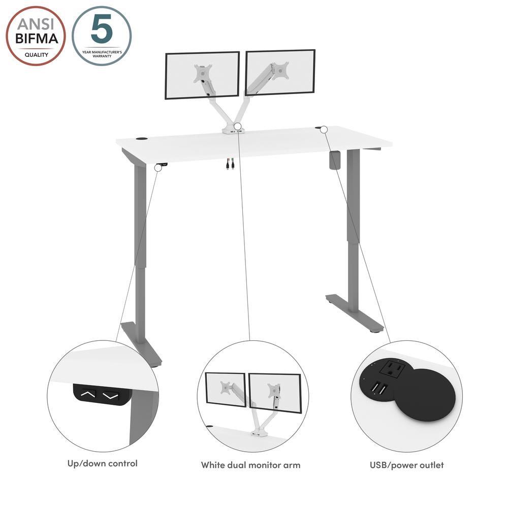 Bestar Upstand 60W x 30D Standing Desk with Dual Monitor Arm in white. Picture 12