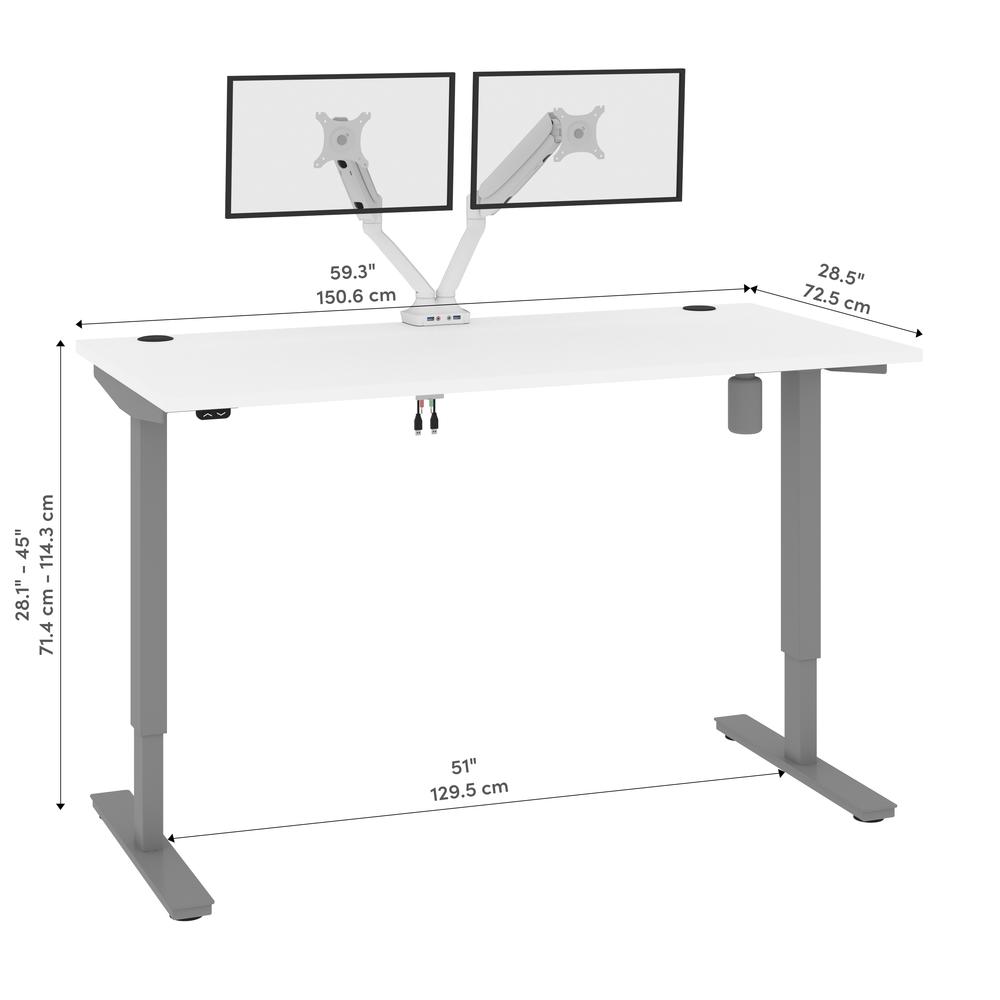 Bestar Upstand 60W x 30D Standing Desk with Dual Monitor Arm in white. Picture 13