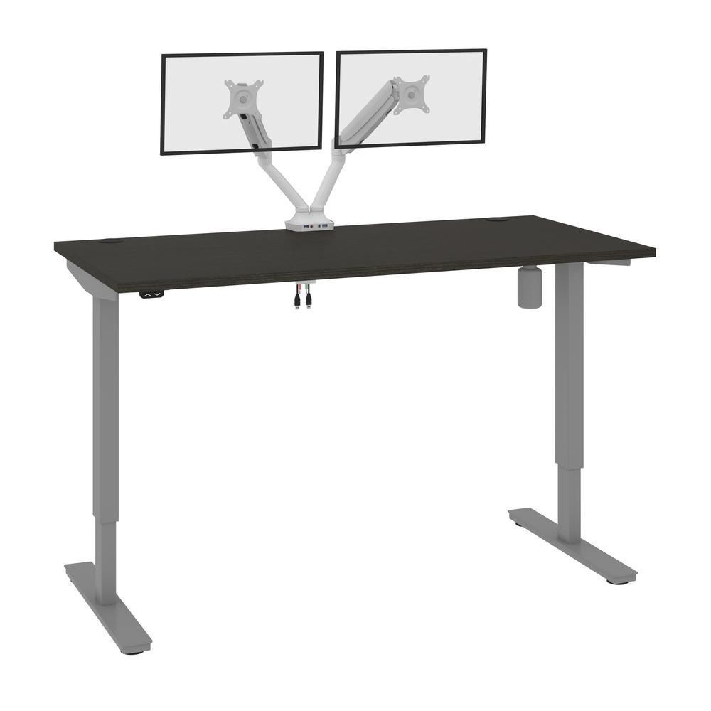 Bestar Upstand 60W x 30D Standing Desk with Dual Monitor Arm in deep grey. Picture 1