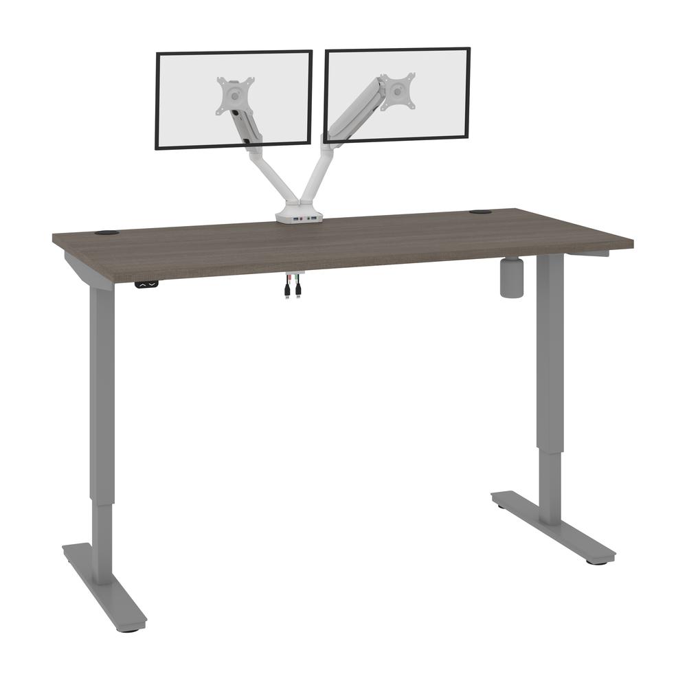 Bestar Upstand 60W x 30D Standing Desk with Dual Monitor Arm in bark grey. Picture 1