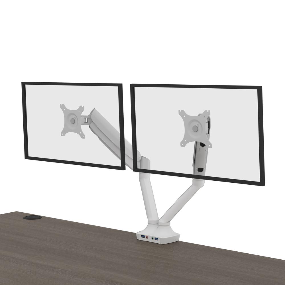 Bestar Upstand 60W x 30D Standing Desk with Dual Monitor Arm in bark grey. Picture 14