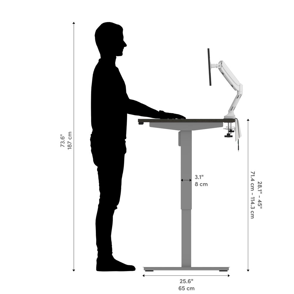 Bestar Upstand 72W x 30D Standing Desk with Dual Monitor Arm in deep grey. Picture 9