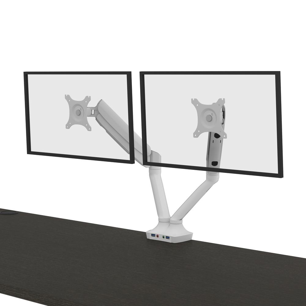 Bestar Upstand 72W x 30D Standing Desk with Dual Monitor Arm in deep grey. Picture 11