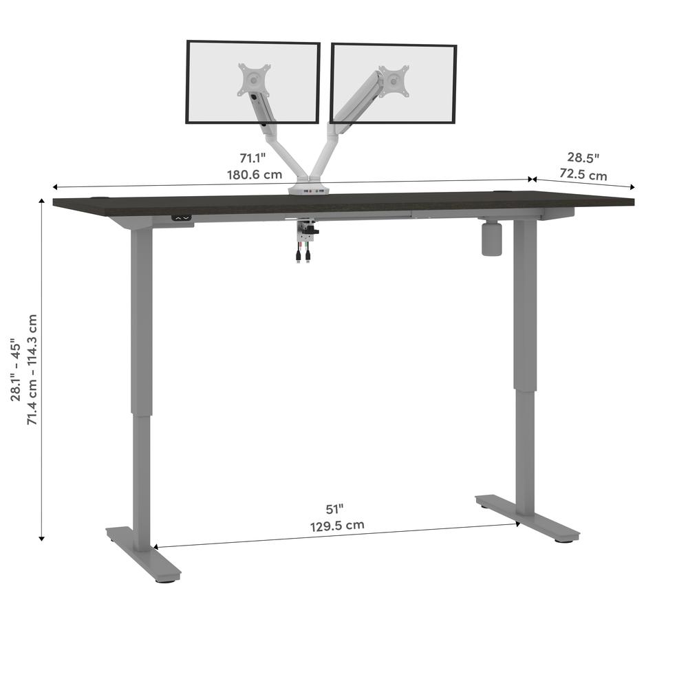 Bestar Upstand 72W x 30D Standing Desk with Dual Monitor Arm in deep grey. Picture 14