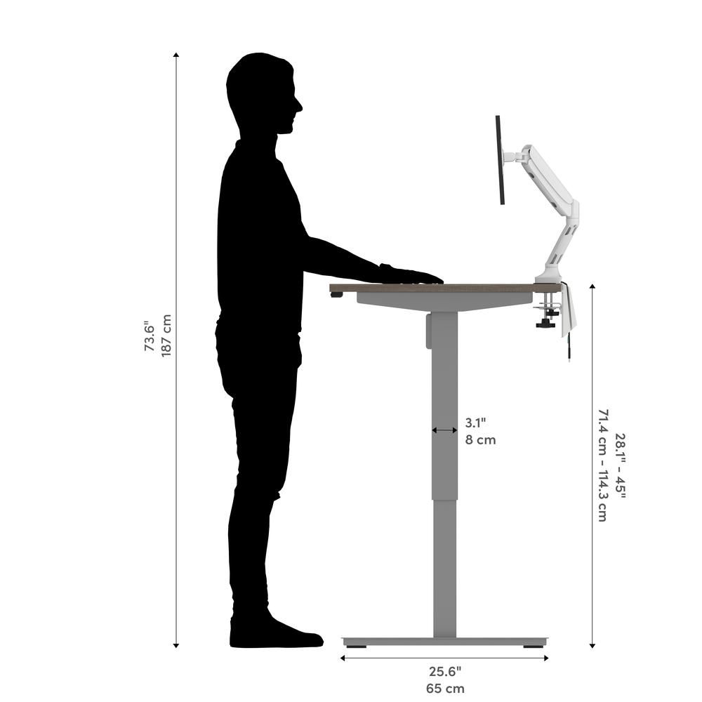 Bestar Upstand 72W x 30D Standing Desk with Dual Monitor Arm in bark grey. Picture 6