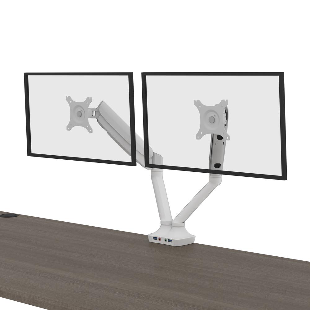 Bestar Upstand 72W x 30D Standing Desk with Dual Monitor Arm in bark grey. Picture 8