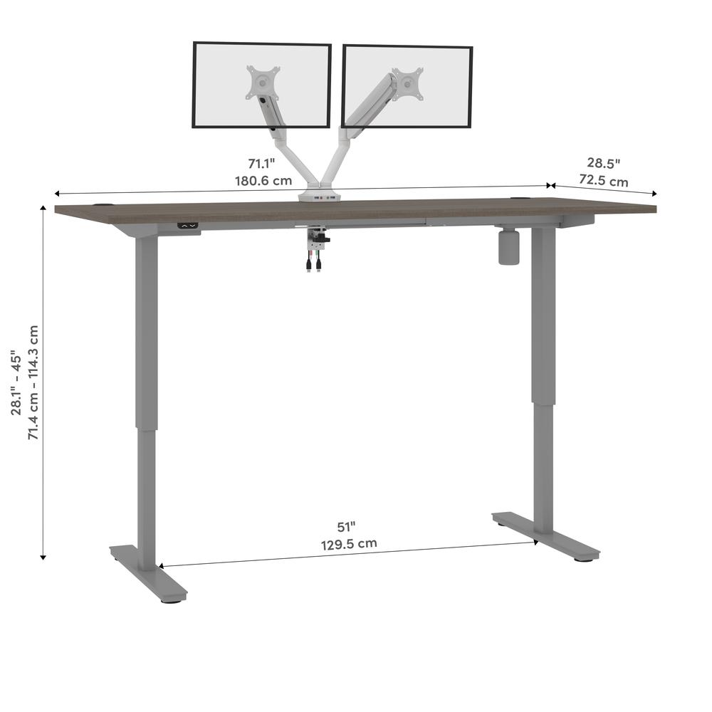 Bestar Upstand 72W x 30D Standing Desk with Dual Monitor Arm in bark grey. Picture 11