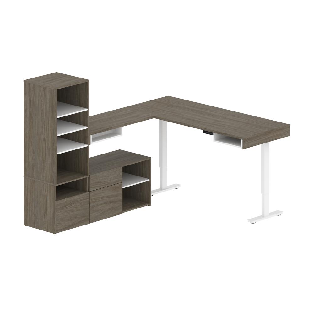 Bestar Viva 72W L-Shaped Standing Desk with Credenza and Shelving Unit , Walnut Grey & White. Picture 1